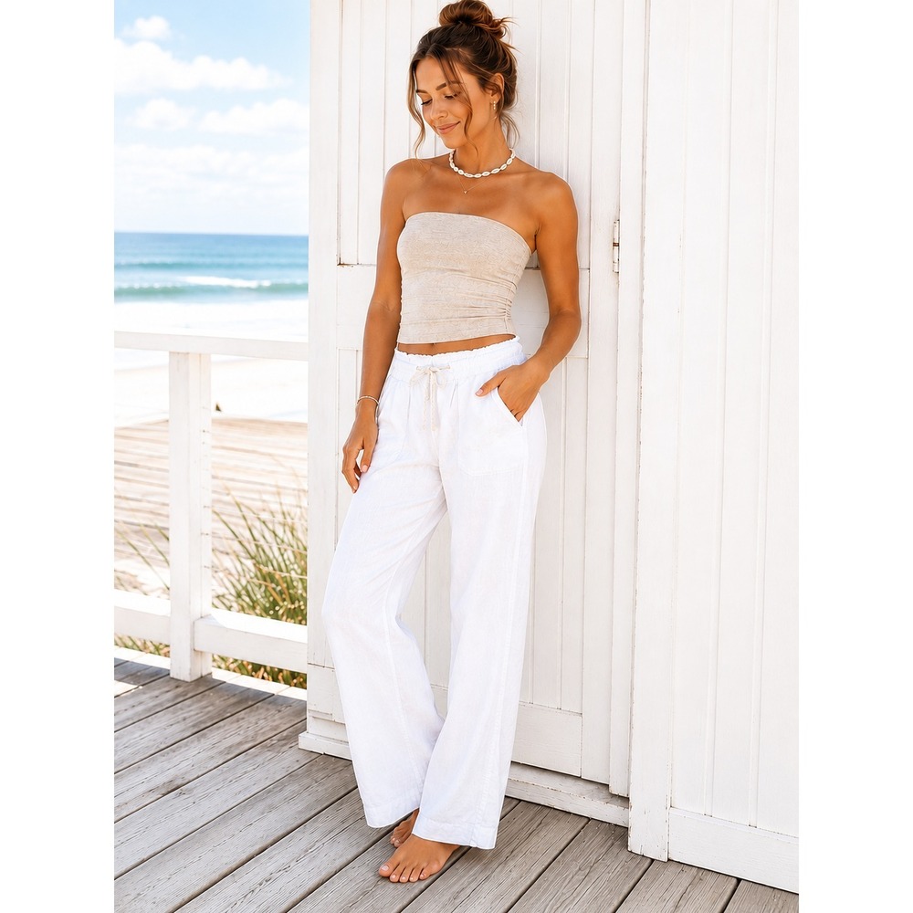 Roxy Linen Pants Womens Medium White Oceanside Wide Leg Drawstring Beach Boho